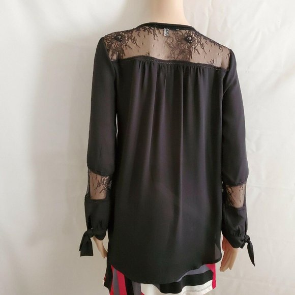 Fever Women's Sheer Lace Trim Inset Long Sleeve Tie Cuff Blouse Black Sz Medium - Picture 3 of 9